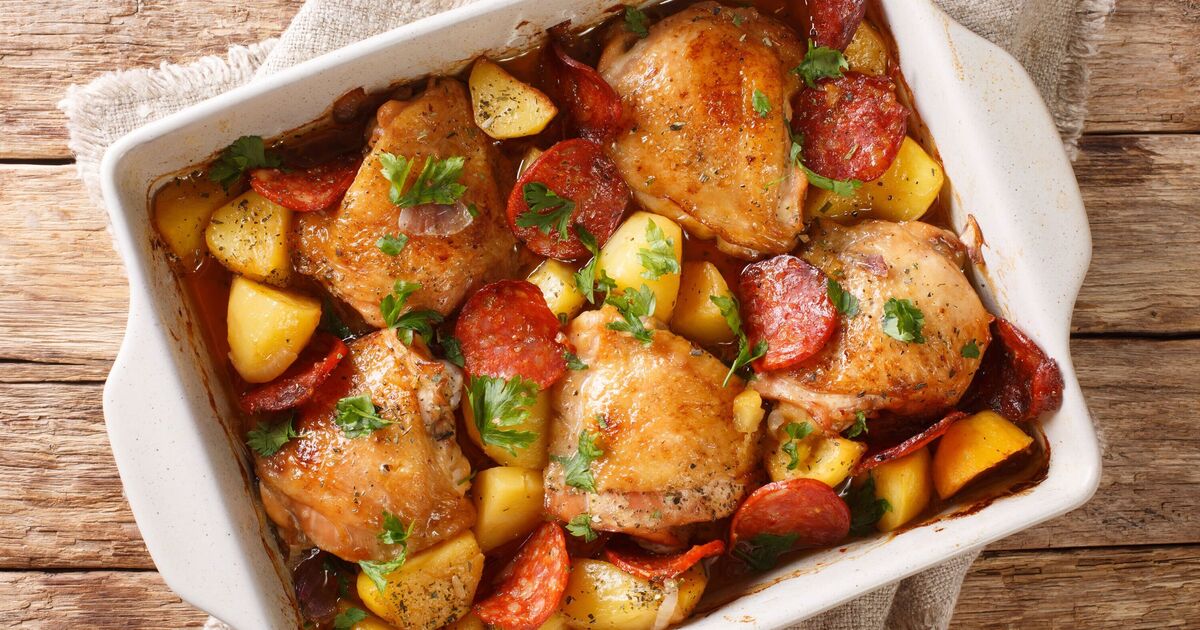 Chicken and chorizo traybake recipe is easy dinner ready under 1 hour